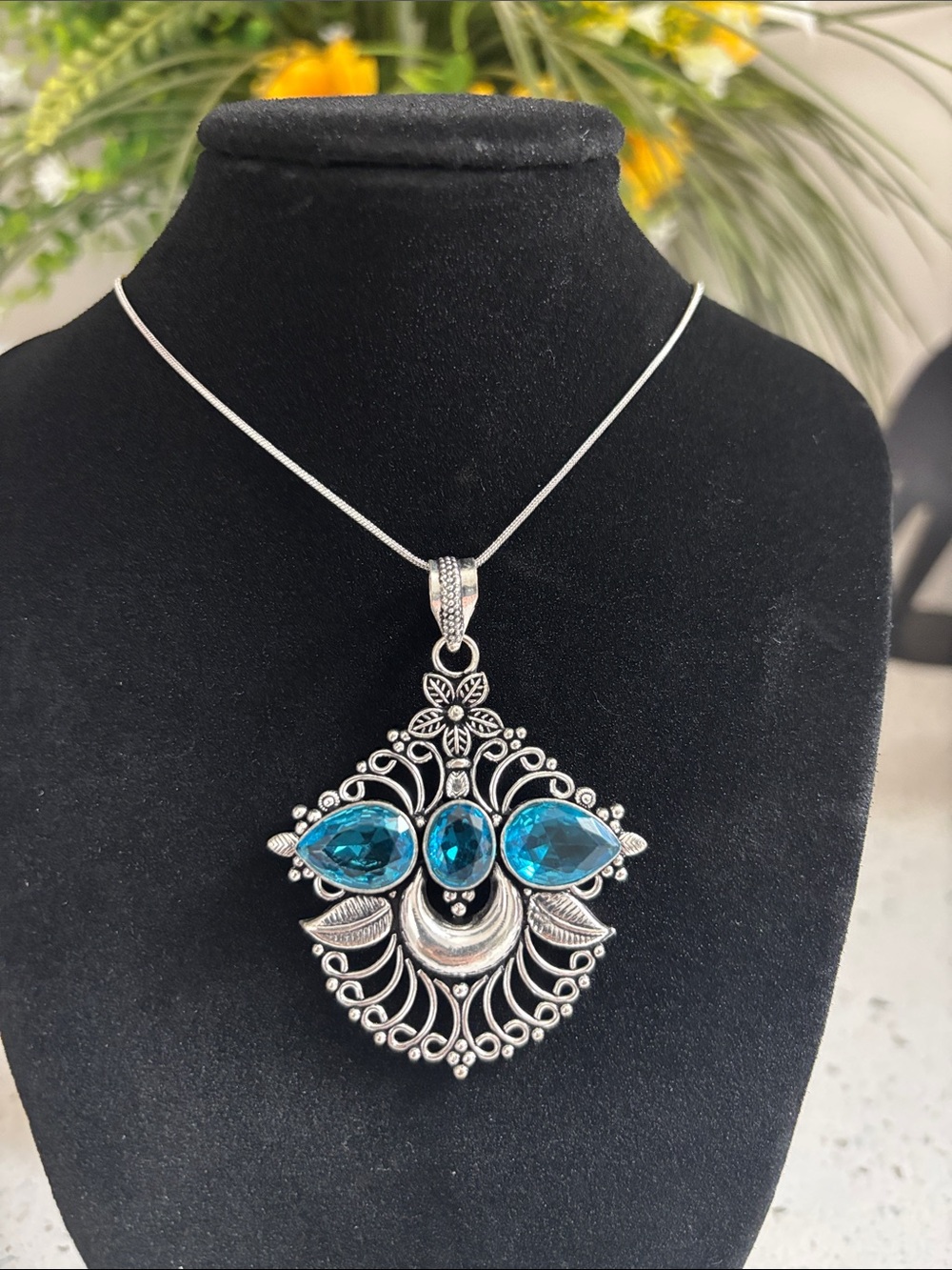 Blue Topaz Gemstone Ethnic Artisan Handcrafted Flower Pendant Necklace
